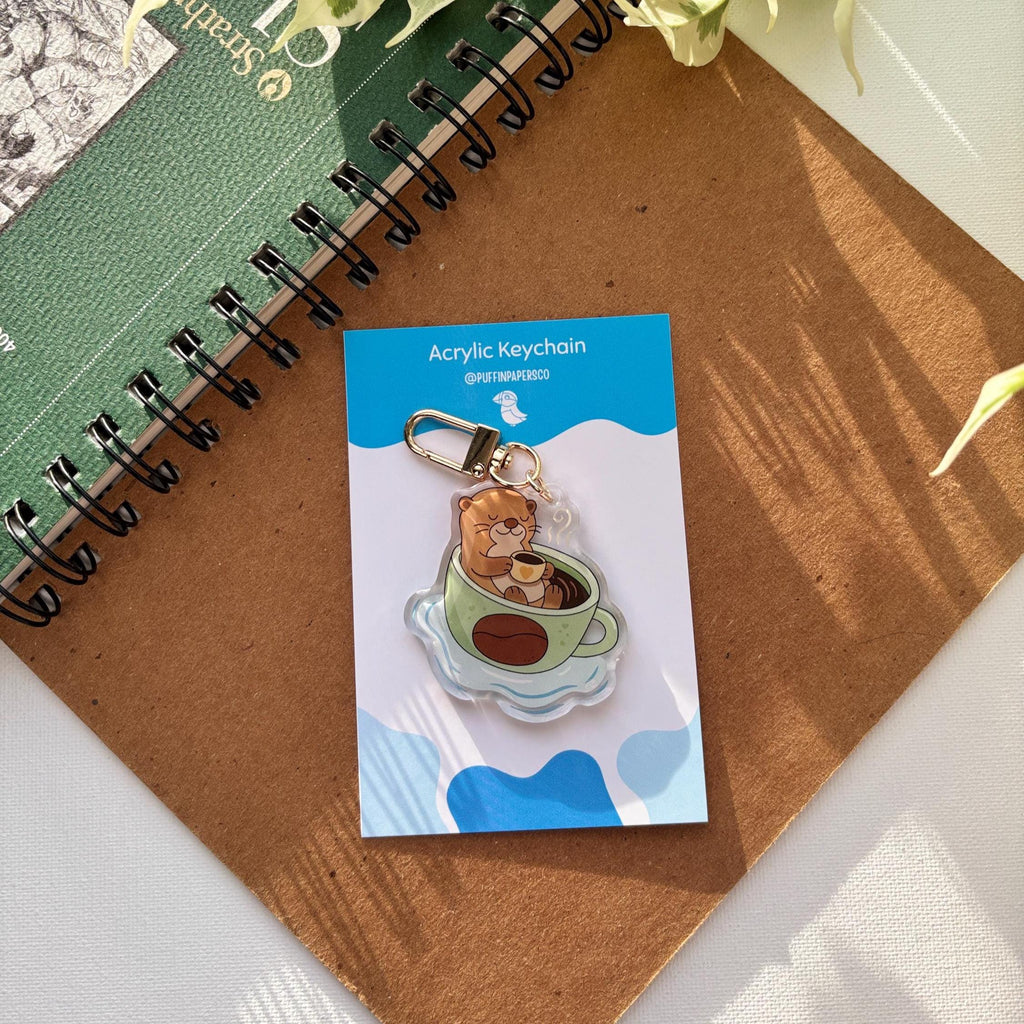 Otter Sipping Coffee in Cup Acrylic Keychain