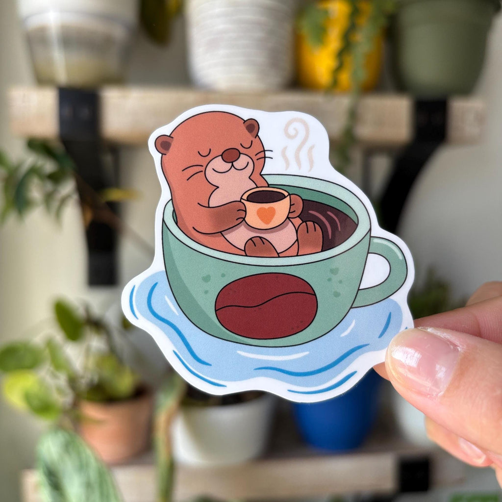 Cute Otter Drinking Coffee Vinyl Sticker