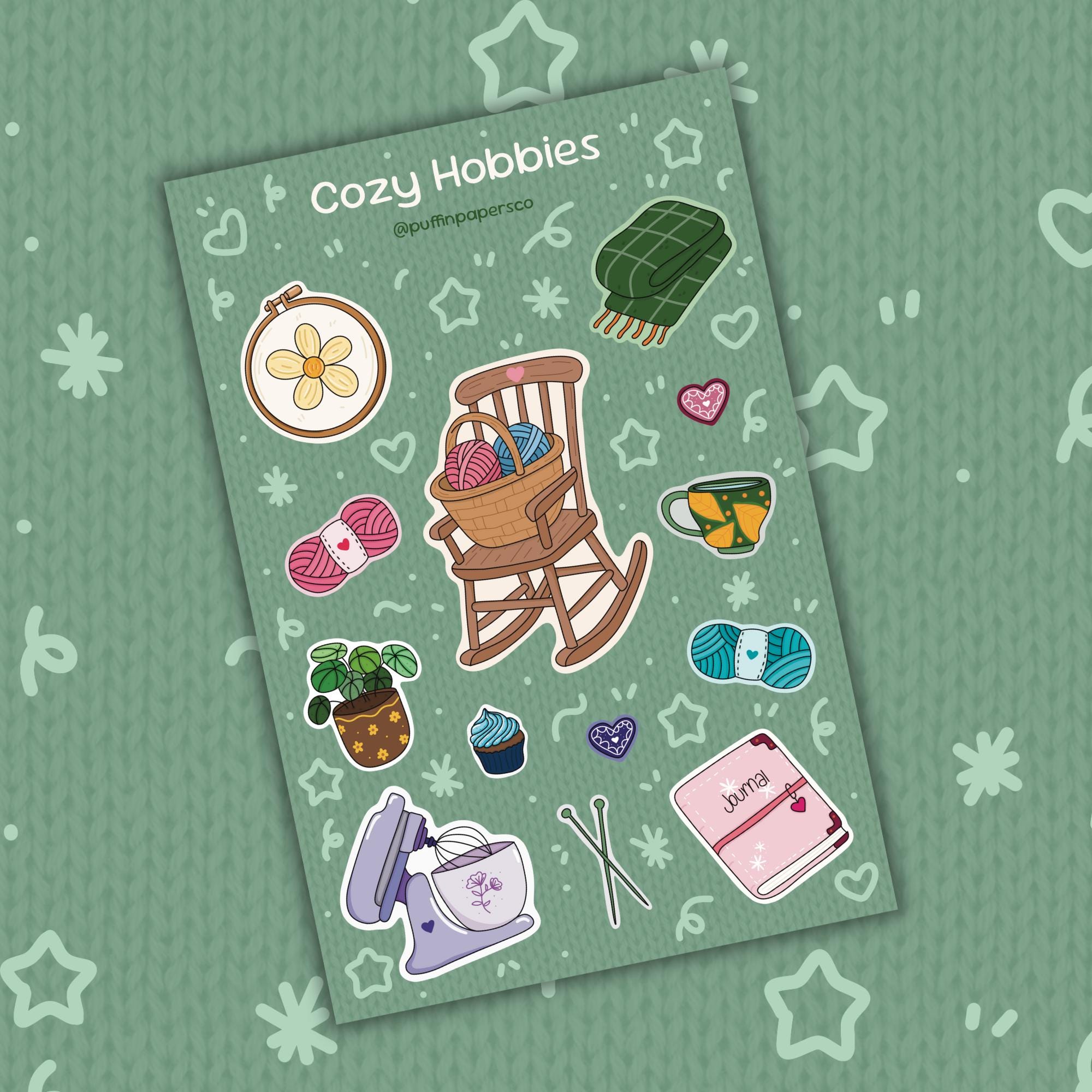 Cozy Hobbies Stickers: Laminated or Matte Paper Sticker Sheet for Water Bottle, Laptop, Journal, Planner