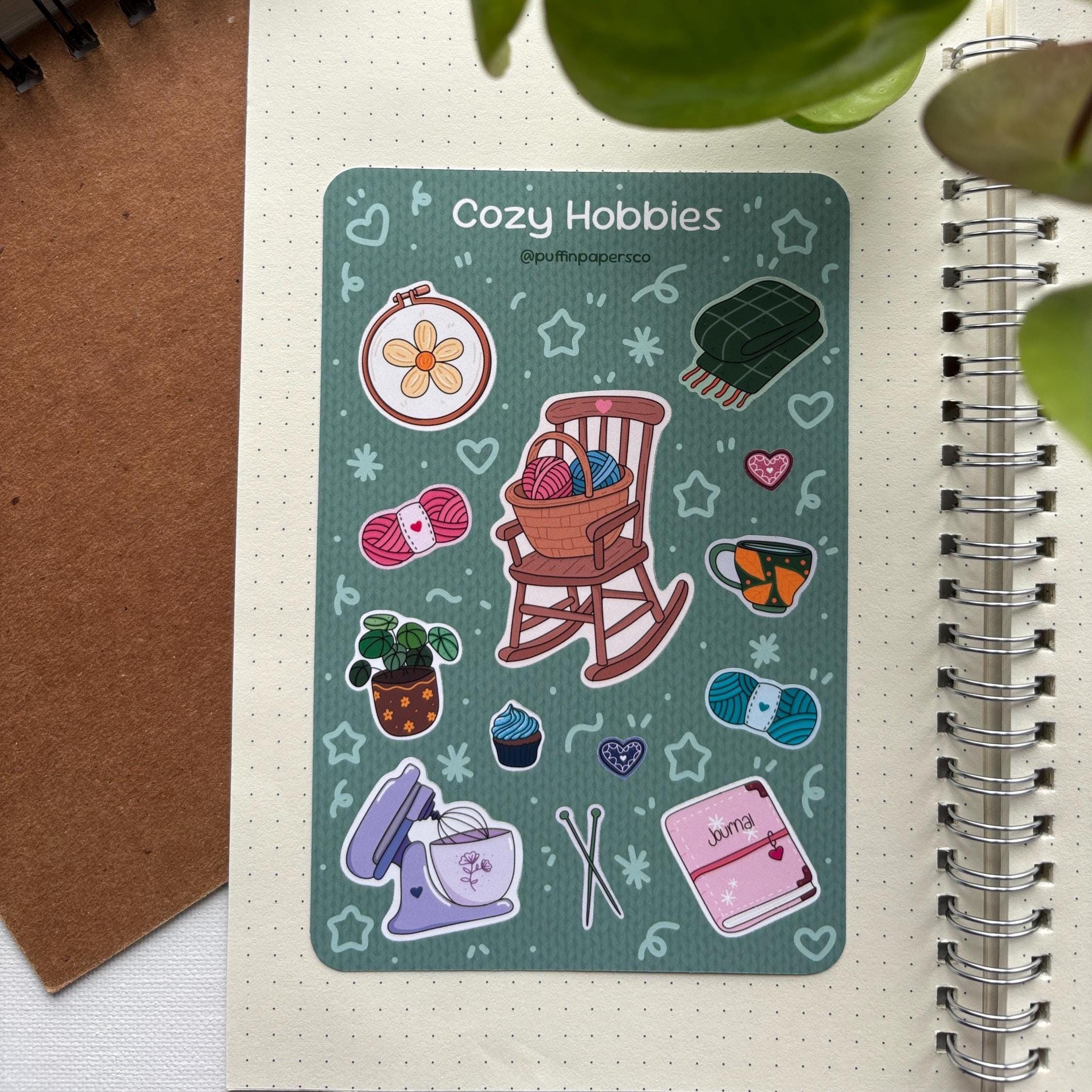 Cozy Hobbies Stickers: Laminated or Matte Paper Sticker Sheet for Water Bottle, Laptop, Journal, Planner