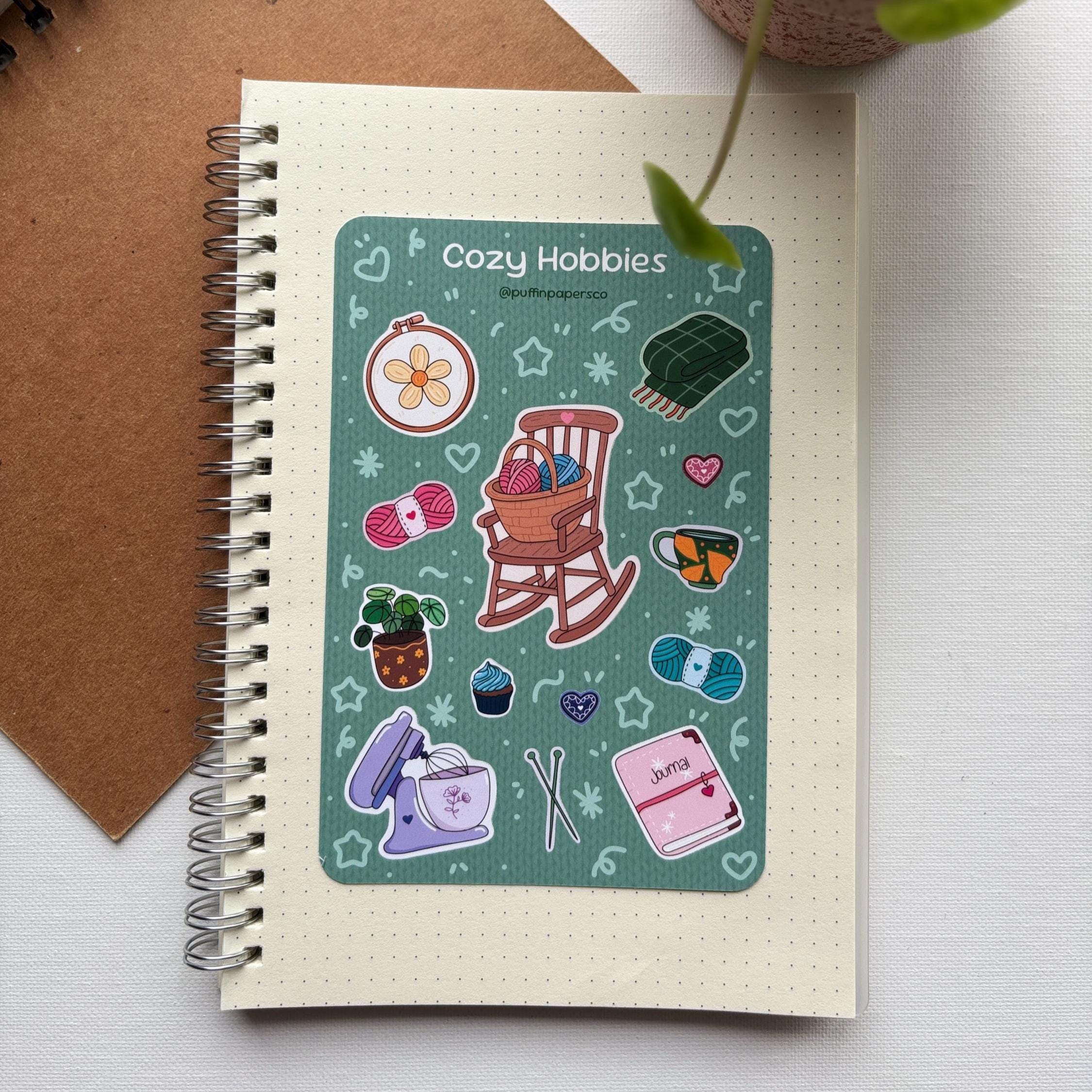Cozy Hobbies Stickers: Laminated or Matte Paper Sticker Sheet for Water Bottle, Laptop, Journal, Planner