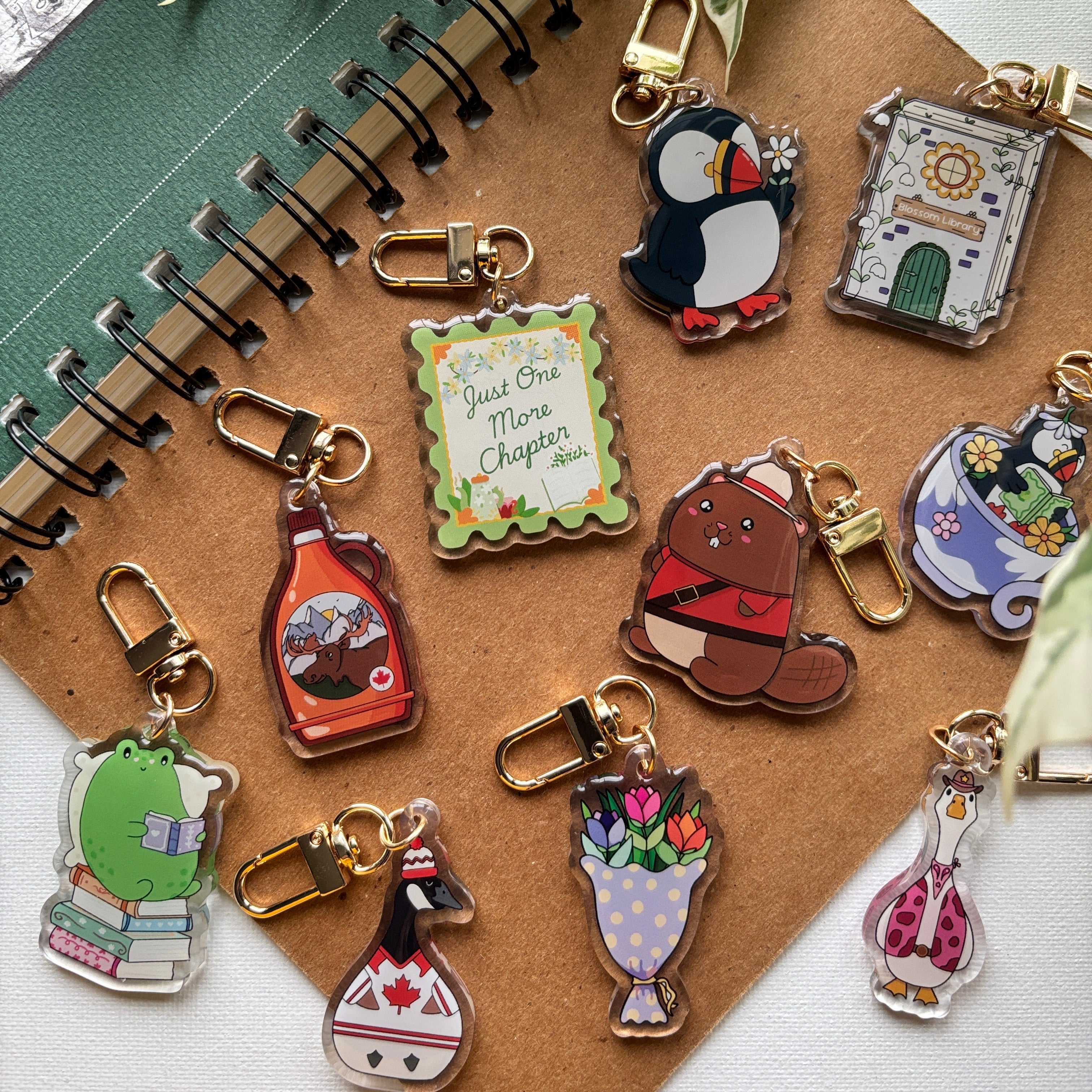 Collection of colorful keychains on a notebook with leaves in the background